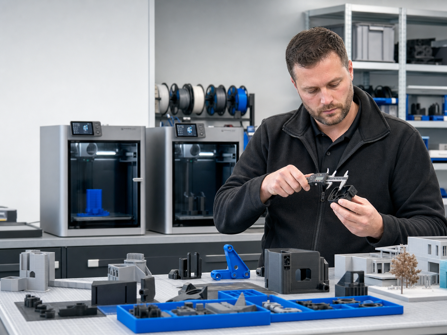 AI-generated illustration of small-batch 3D printed parts being quality checked beside Bambu Lab printers